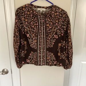 LOFT Chocolate Brown Floral Split Neck Blouse, XS